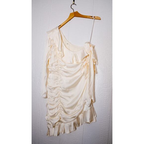 TULAROSA 'Naomi' Cream Satin Ruched Ruffled One Sleeve Mini Dress XL - Picture 5 of 13